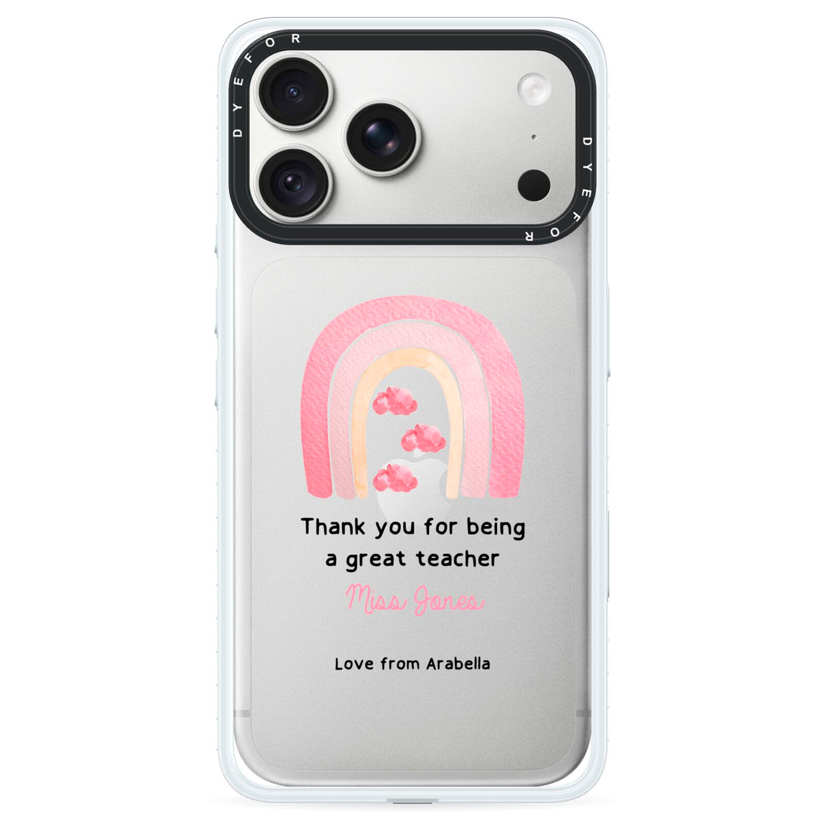 Personalised Teacher Thanks iPhone 18 Pro Max Black Impact Pre order Case on Silver phone