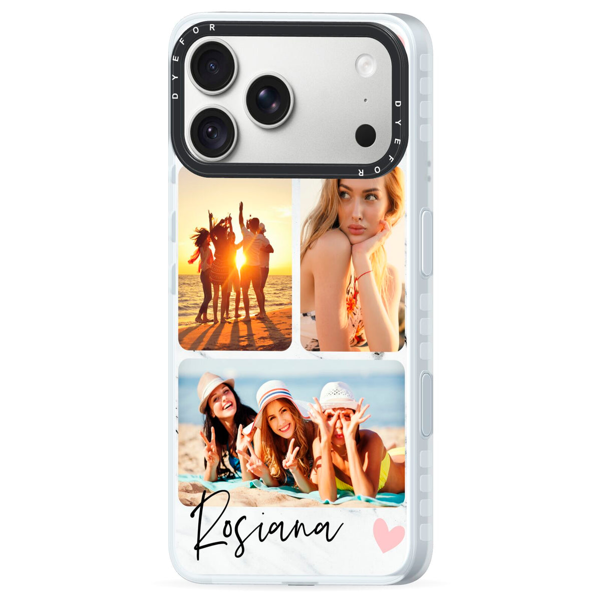 Personalised Three Photo Marble Name iPhone 18 Pro Max Black Impact Pre order Case Side Angle on Silver phone