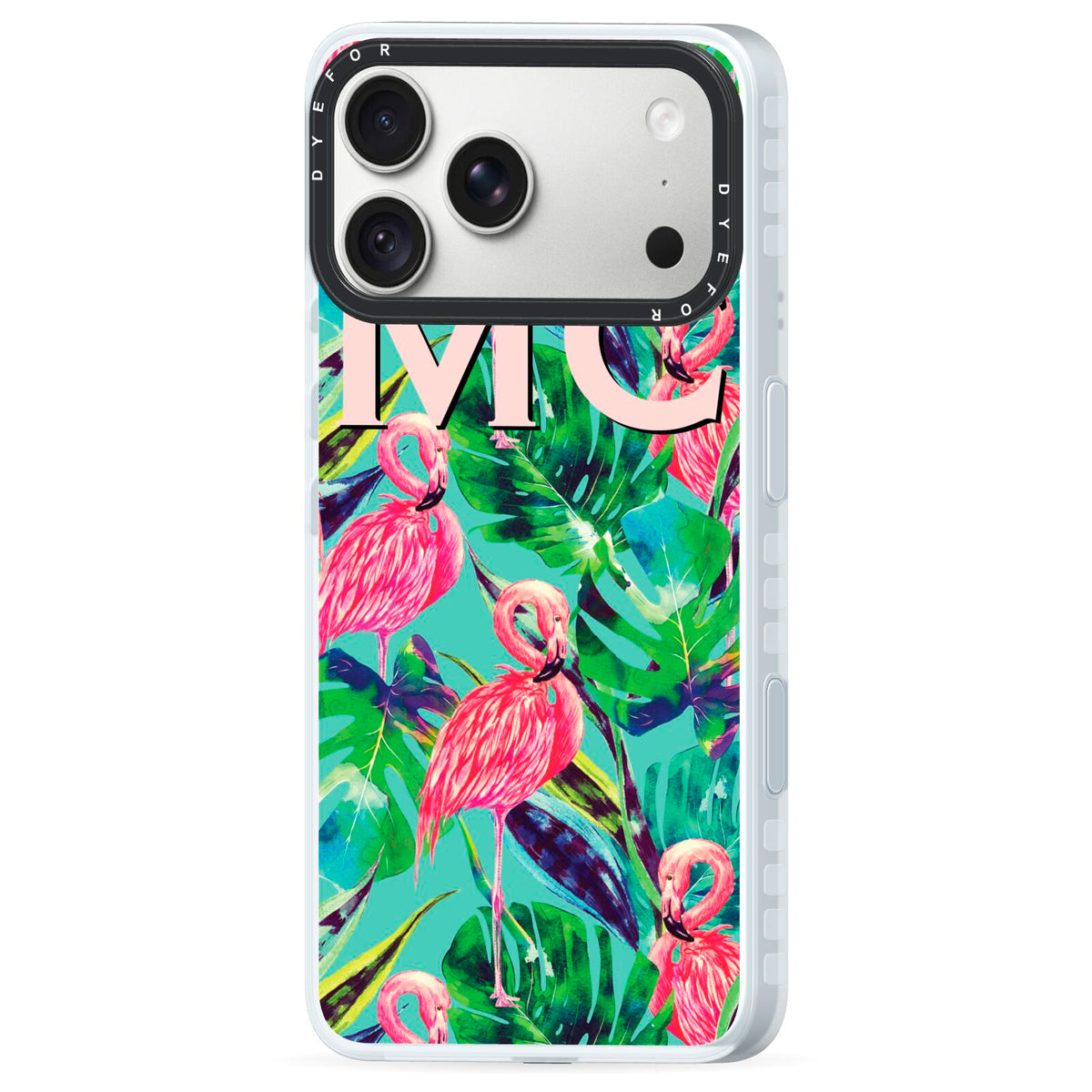 Personalised Tropical Green Leaves Flamingo iPhone 18 Pro Black Impact Pre order Case Side Angle on Silver phone