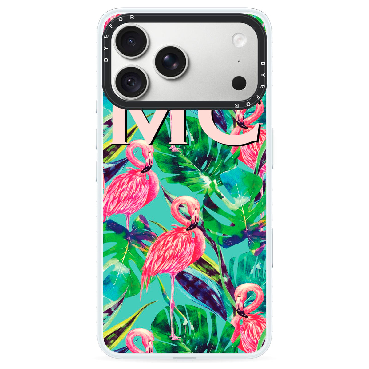 Personalised Tropical Green Leaves Flamingo iPhone 18 Pro Black Impact Pre order Case on Silver phone