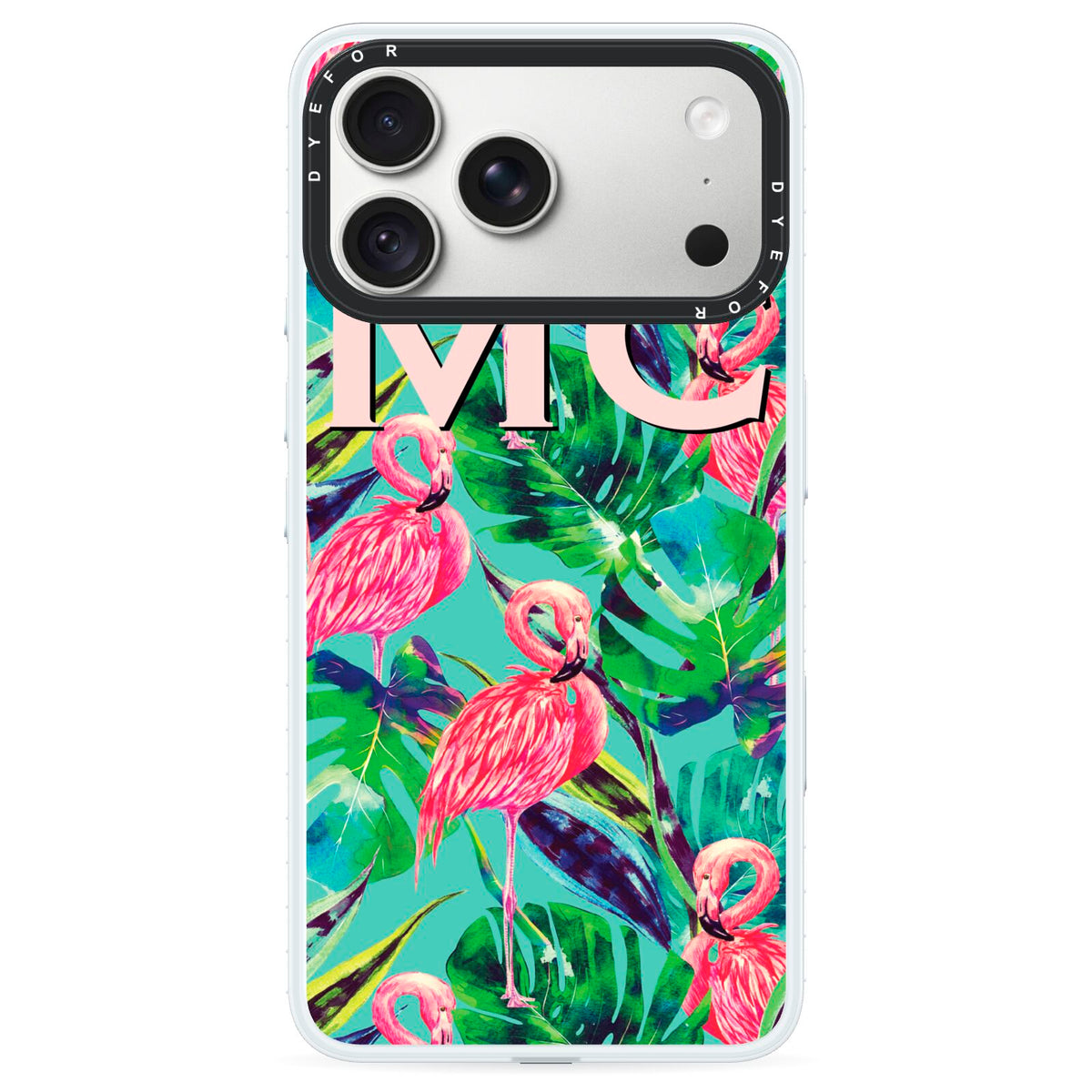 Personalised Tropical Green Leaves Flamingo iPhone 18 Pro Max Black Impact Pre order Case on Silver phone
