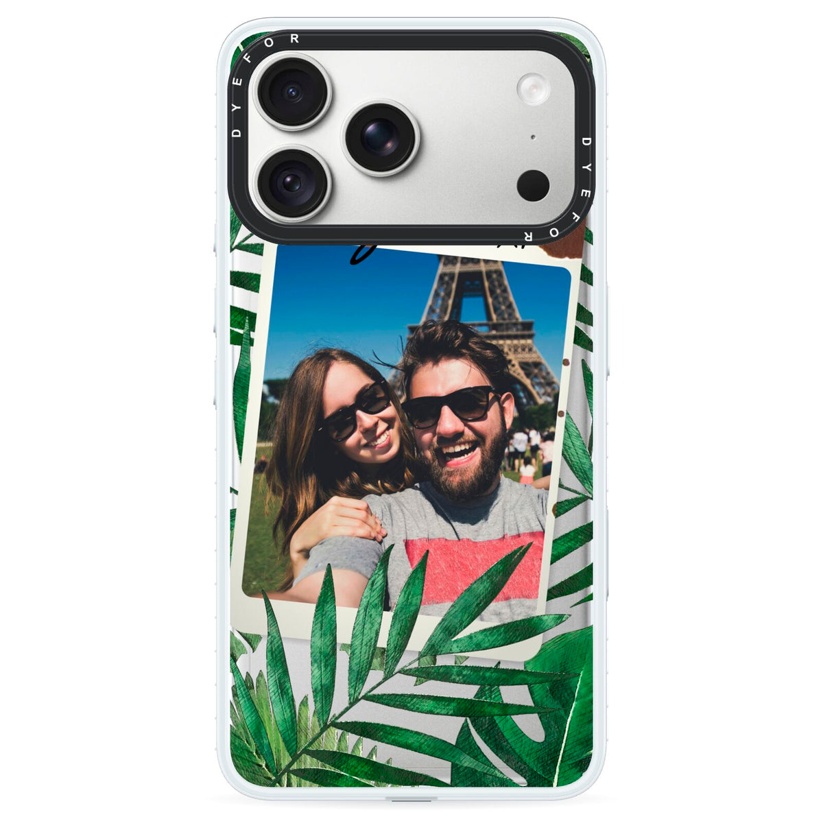 Personalised Tropical Photo Text iPhone 18 Pro Black Impact Pre order Case on Silver phone