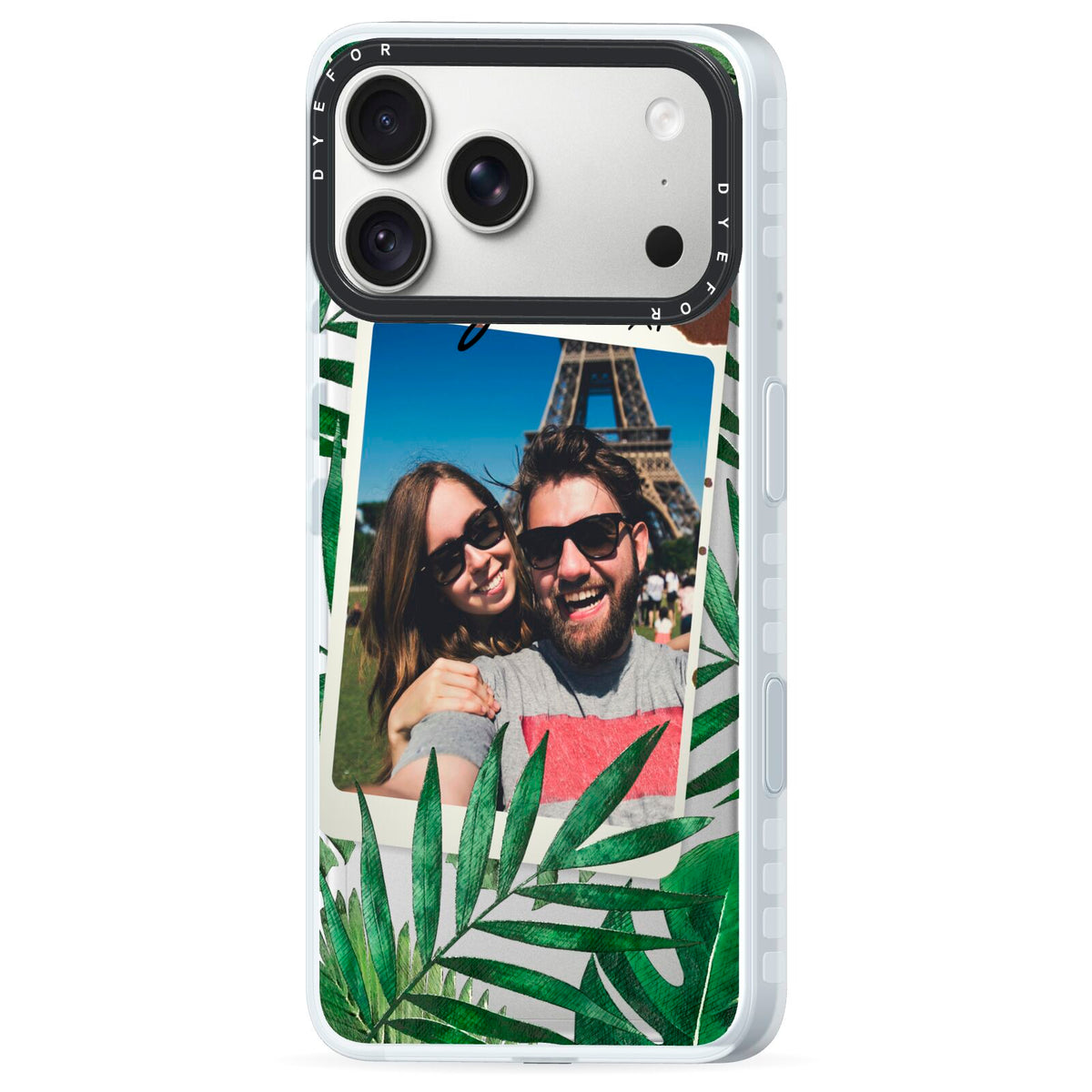 Personalised Tropical Photo Text iPhone 18 Pro Max Black Impact Pre order Case Side Angle on Silver phone