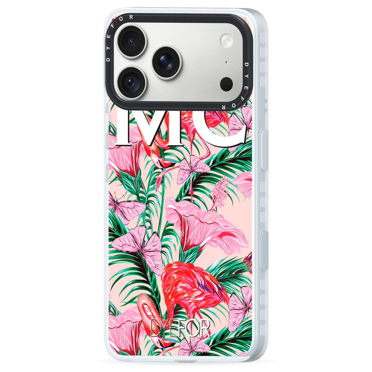 Personalised Tropical Pink Flamingo iPhone 18 Pro Black Impact Pre order Case Side Angle on Silver phone