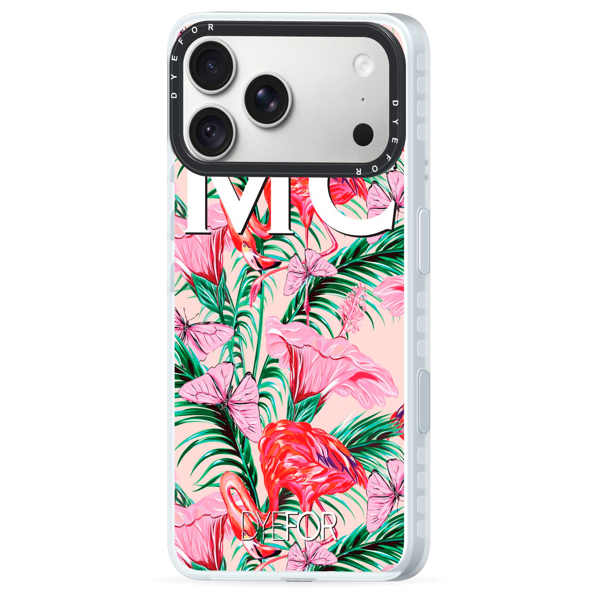 Personalised Tropical Pink Flamingo iPhone 18 Pro Max Black Impact Pre order Case Side Angle on Silver phone