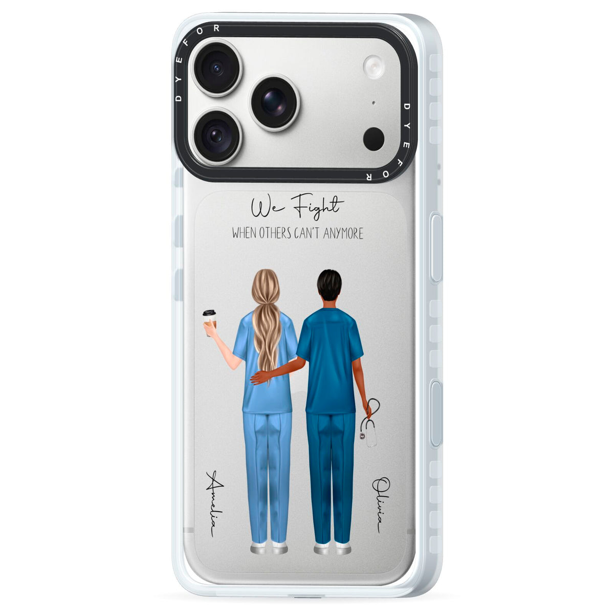 Personalised Two Nurses iPhone 18 Pro Black Impact Pre order Case Side Angle on Silver phone