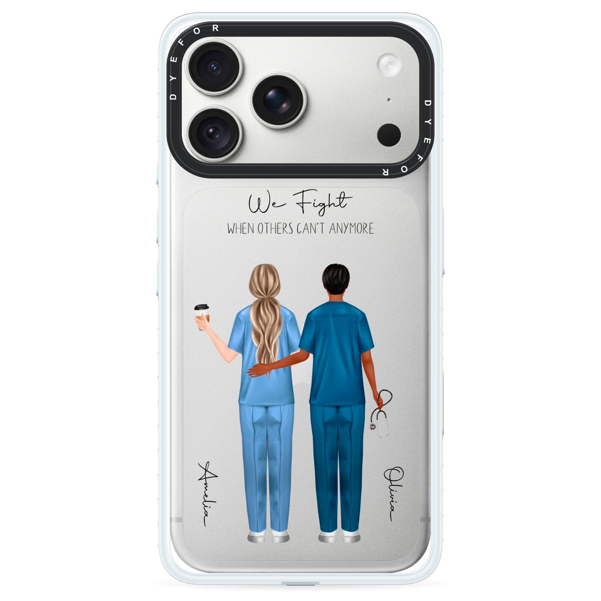 Personalised Two Nurses iPhone 18 Pro Max Black Impact Pre order Case on Silver phone