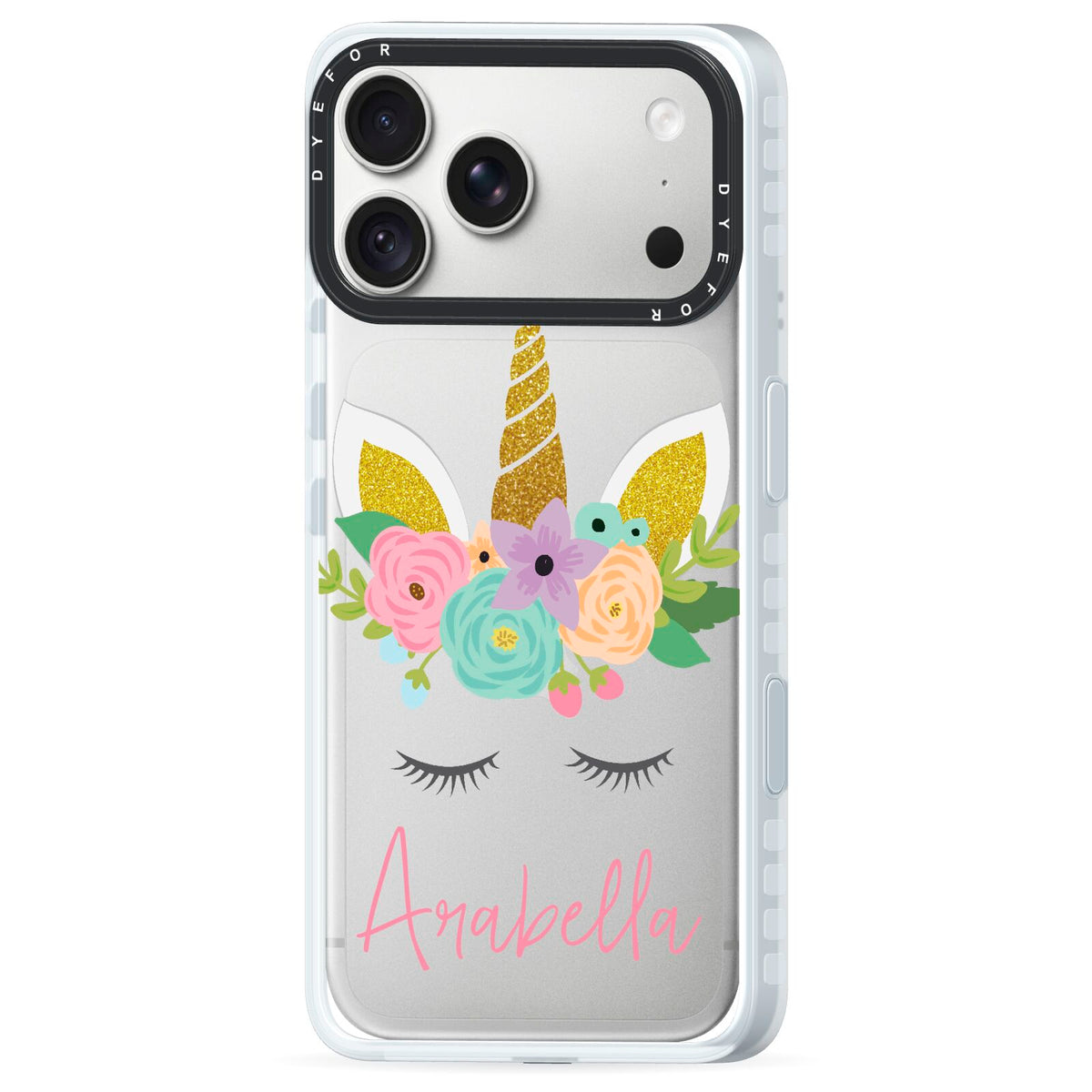 Personalised Unicorn Face iPhone 18 Pro Black Impact Pre order Case Side Angle on Silver phone