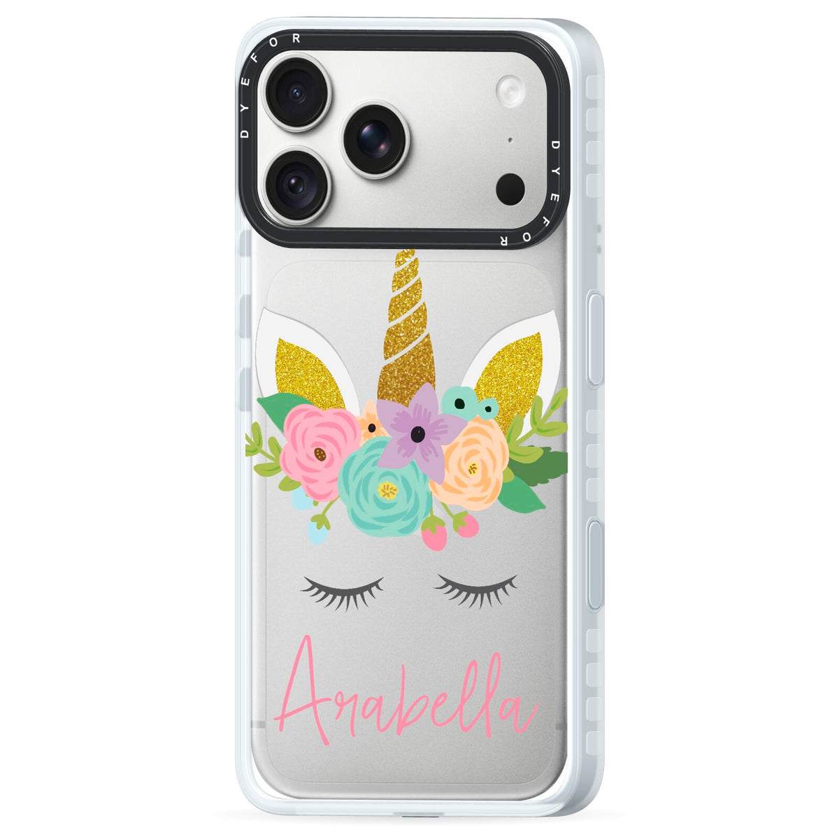 Personalised Unicorn Face iPhone 18 Pro Max Black Impact Pre order Case Side Angle on Silver phone