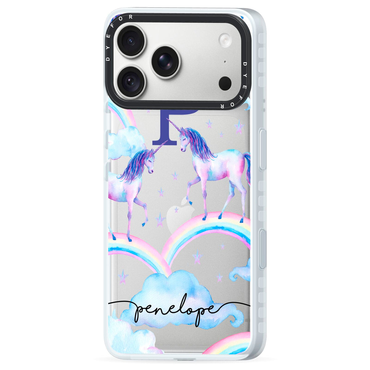 Personalised Unicorn Initial iPhone 18 Pro Max Black Impact Pre order Case Side Angle on Silver phone