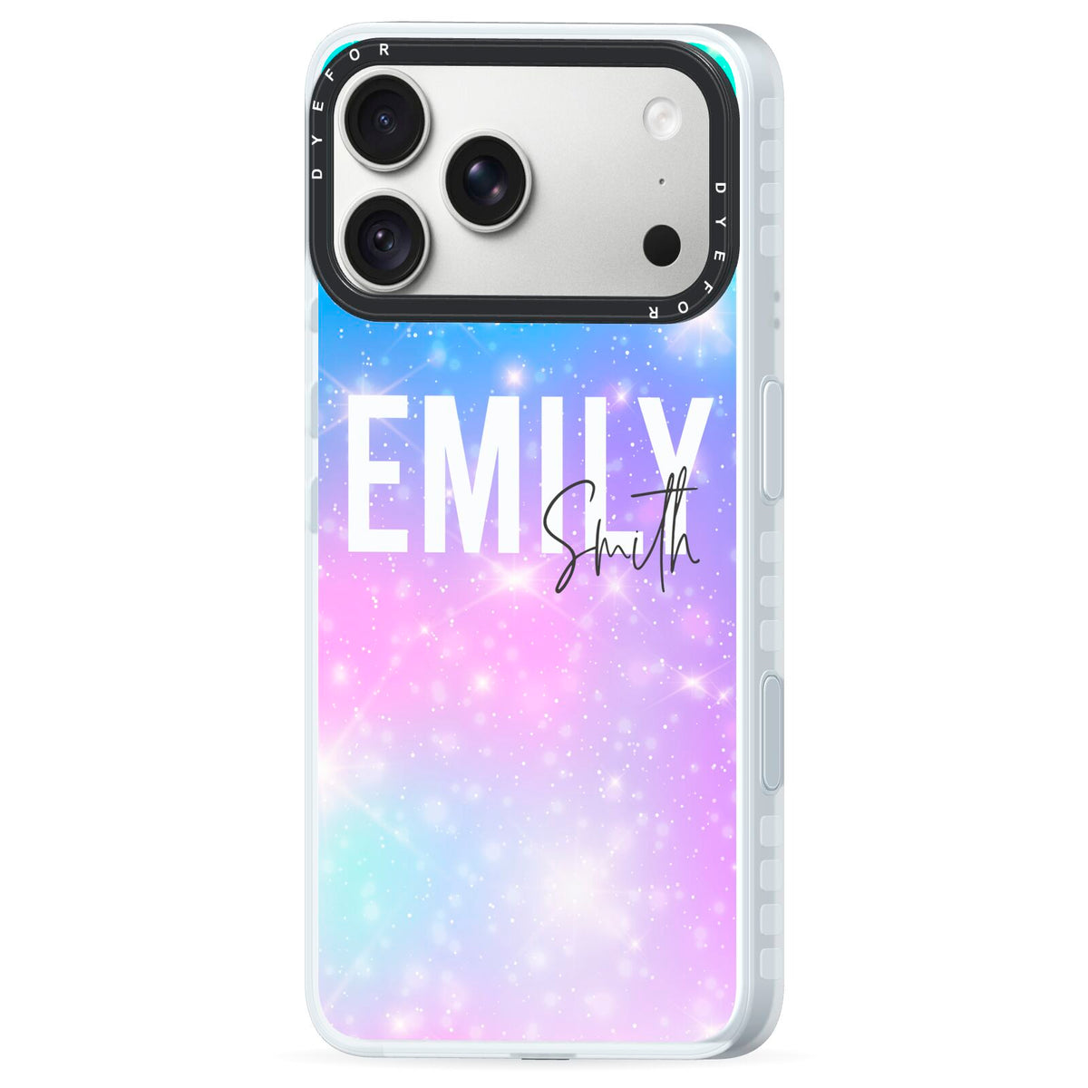 Personalised Unicorn Marble Name iPhone 18 Pro Max Black Impact Pre order Case Side Angle on Silver phone