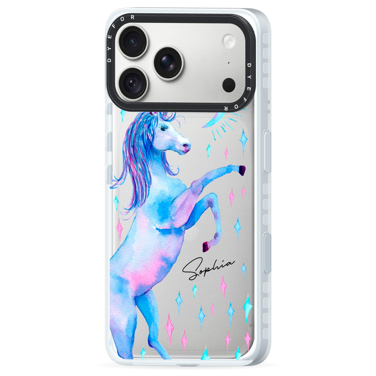 Personalised Unicorn Name iPhone 18 Pro Black Impact Pre order Case Side Angle on Silver phone