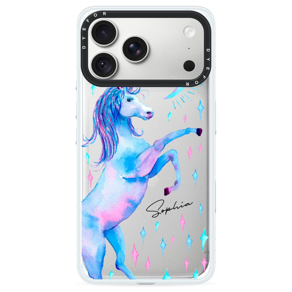 Personalised Unicorn Name iPhone 18 Pro Black Impact Pre order Case on Silver phone
