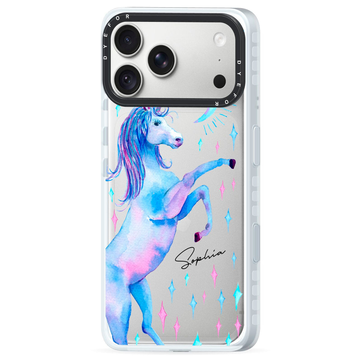 Personalised Unicorn Name iPhone 18 Pro Max Black Impact Pre order Case Side Angle on Silver phone