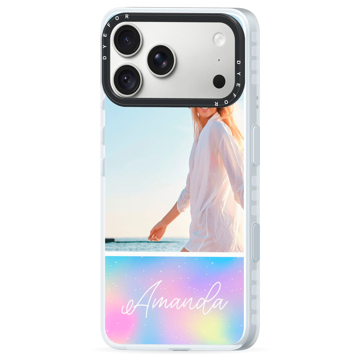 Personalised Unicorn Stars Photo iPhone 18 Pro Black Impact Pre order Case Side Angle on Silver phone