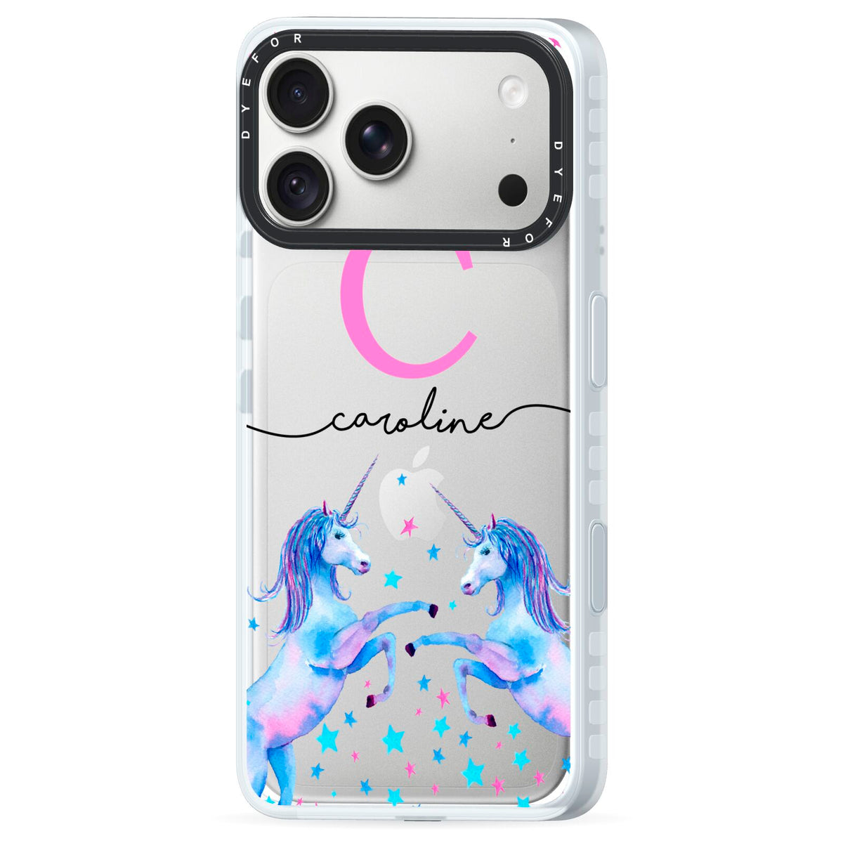 Personalised Unicorn iPhone 18 Pro Max Black Impact Pre order Case Side Angle on Silver phone
