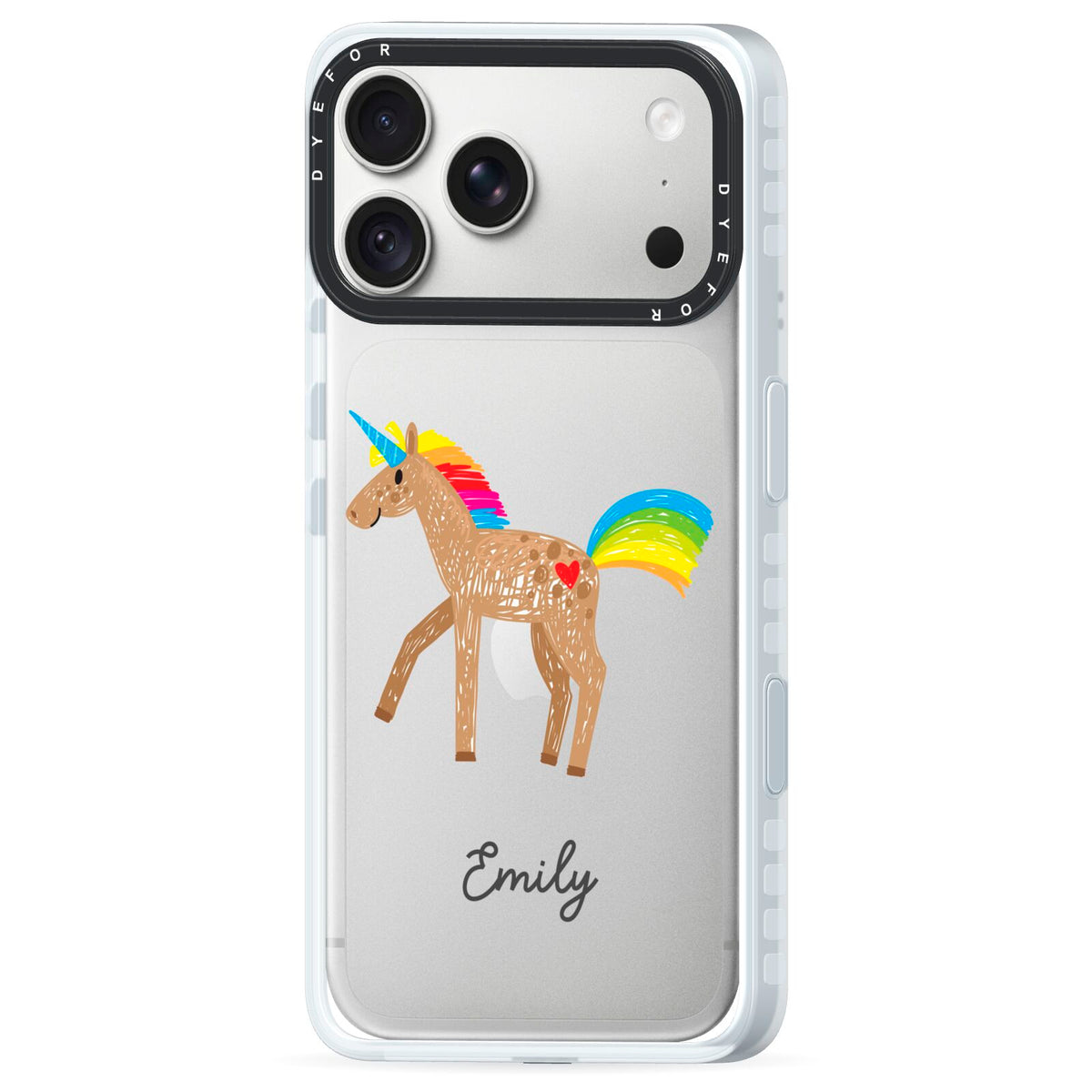 Personalised Unicorn with Name iPhone 18 Pro Black Impact Pre order Case Side Angle on Silver phone