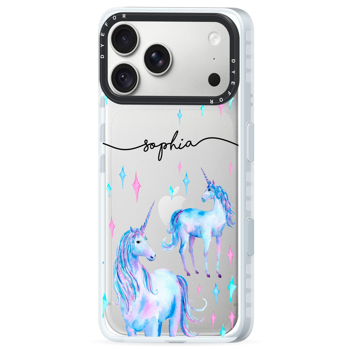 Personalised Unicorns iPhone 18 Pro Black Impact Pre order Case Side Angle on Silver phone