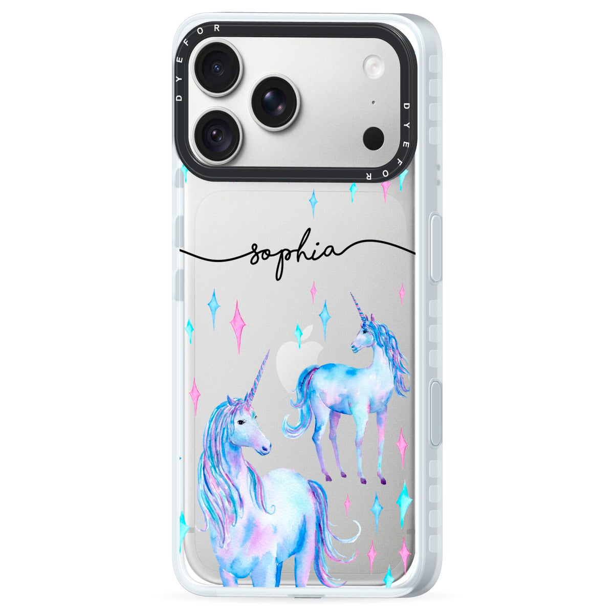 Personalised Unicorns iPhone 18 Pro Max Black Impact Pre order Case Side Angle on Silver phone