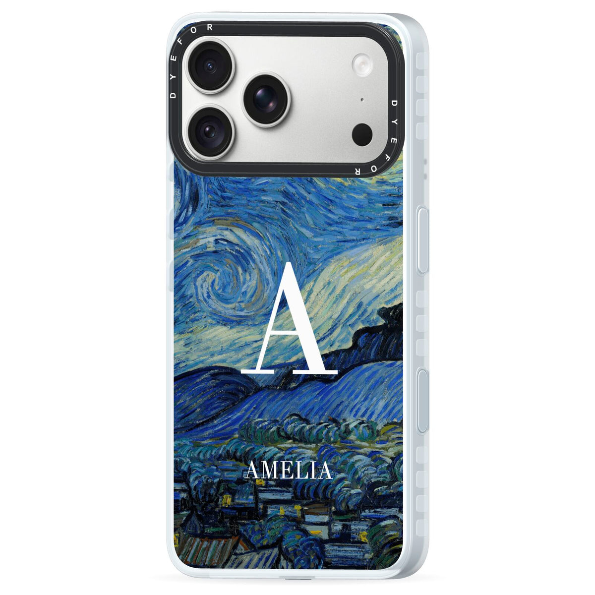 Personalised Van Gogh Starry Night iPhone 18 Pro Black Impact Pre order Case Side Angle on Silver phone