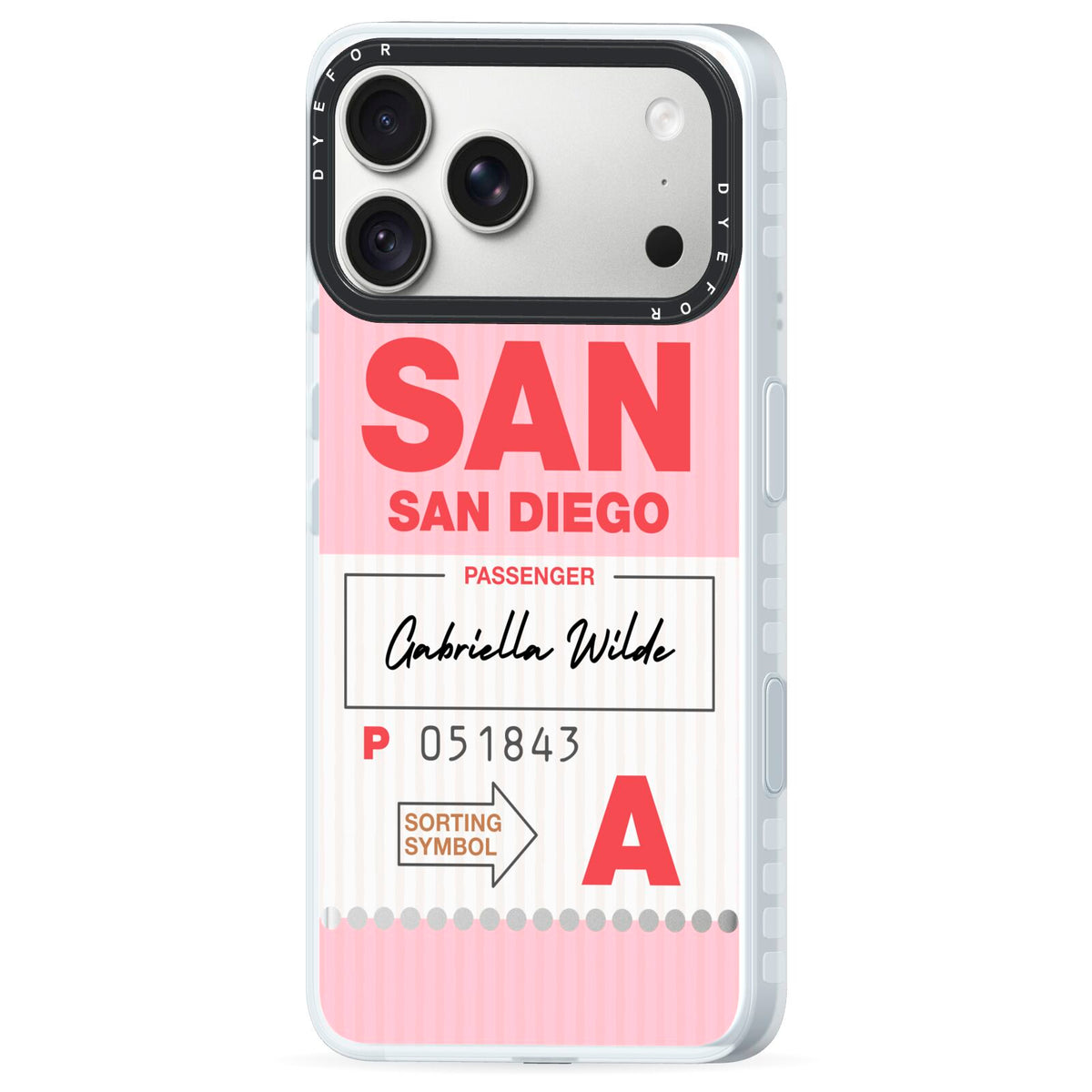 Personalised Vintage Luggage Tag iPhone 18 Pro Max Black Impact Pre order Case Side Angle on Silver phone