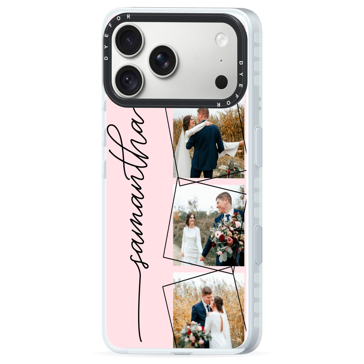 Personalised Wedding Photo Collage Design iPhone 18 Pro Max Black Impact Pre order Case Side Angle on Silver phone