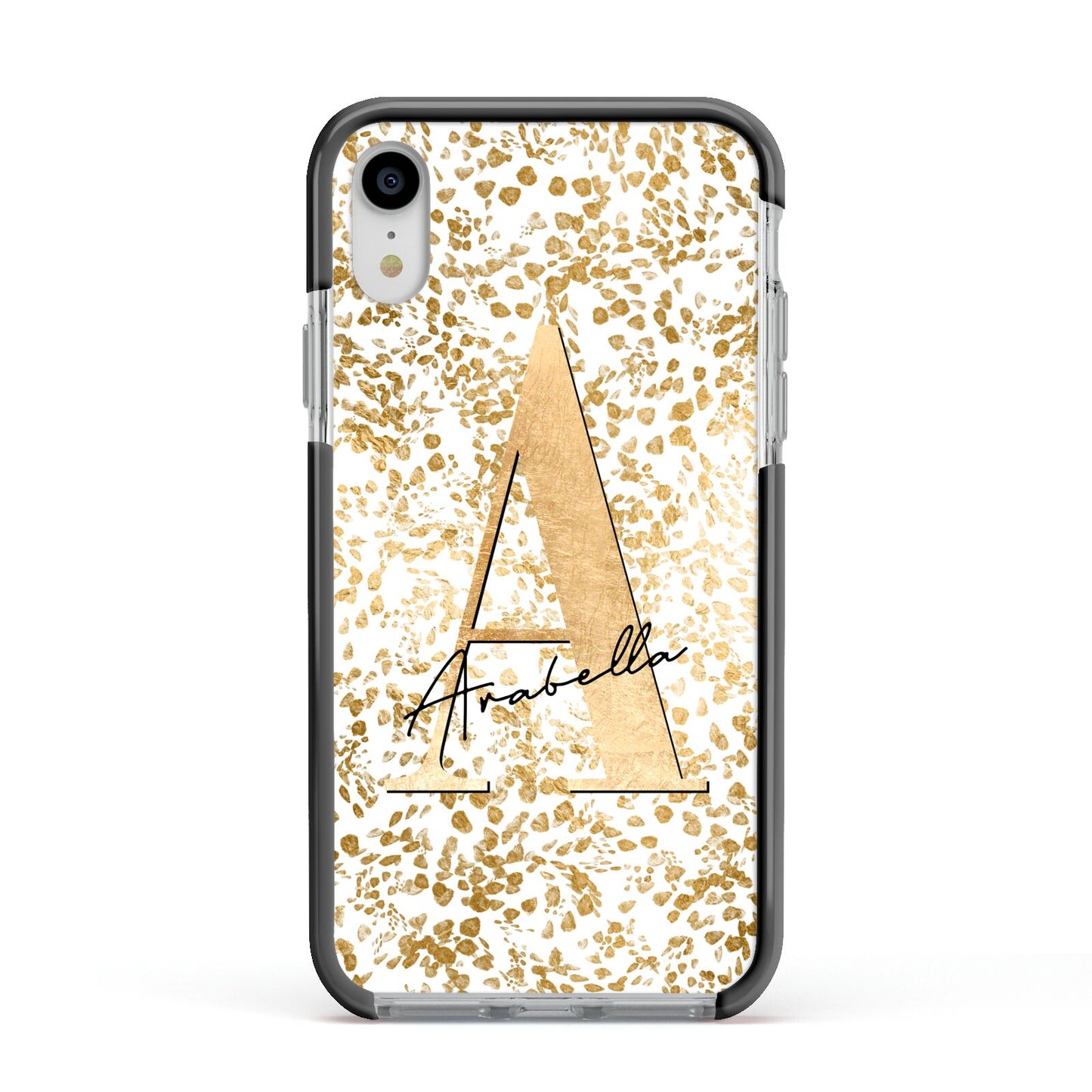 Personalised White Gold Cheetah Apple iPhone XR Impact Case Black Edge on Silver Phone