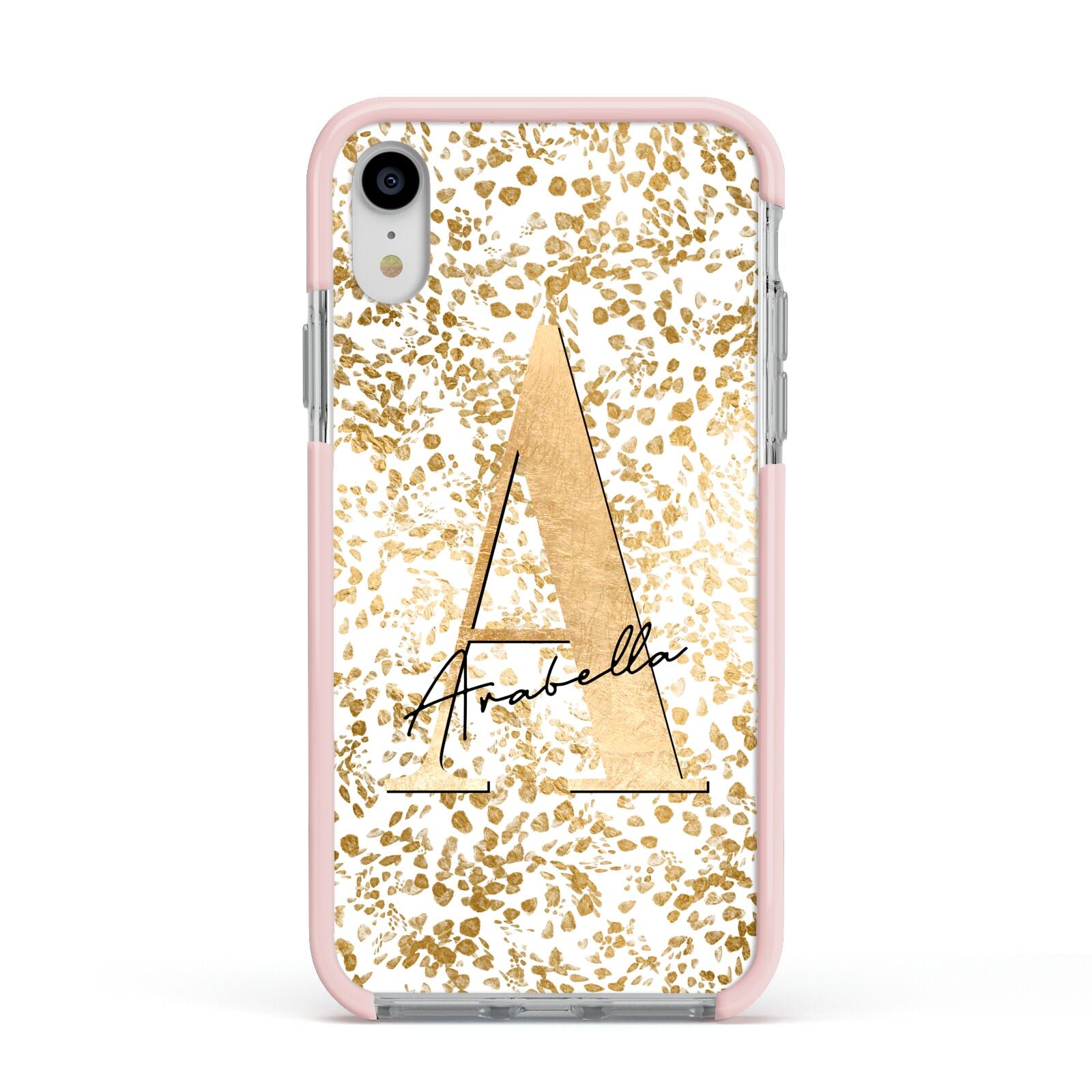 Personalised White Gold Cheetah Apple iPhone XR Impact Case Pink Edge on Silver Phone