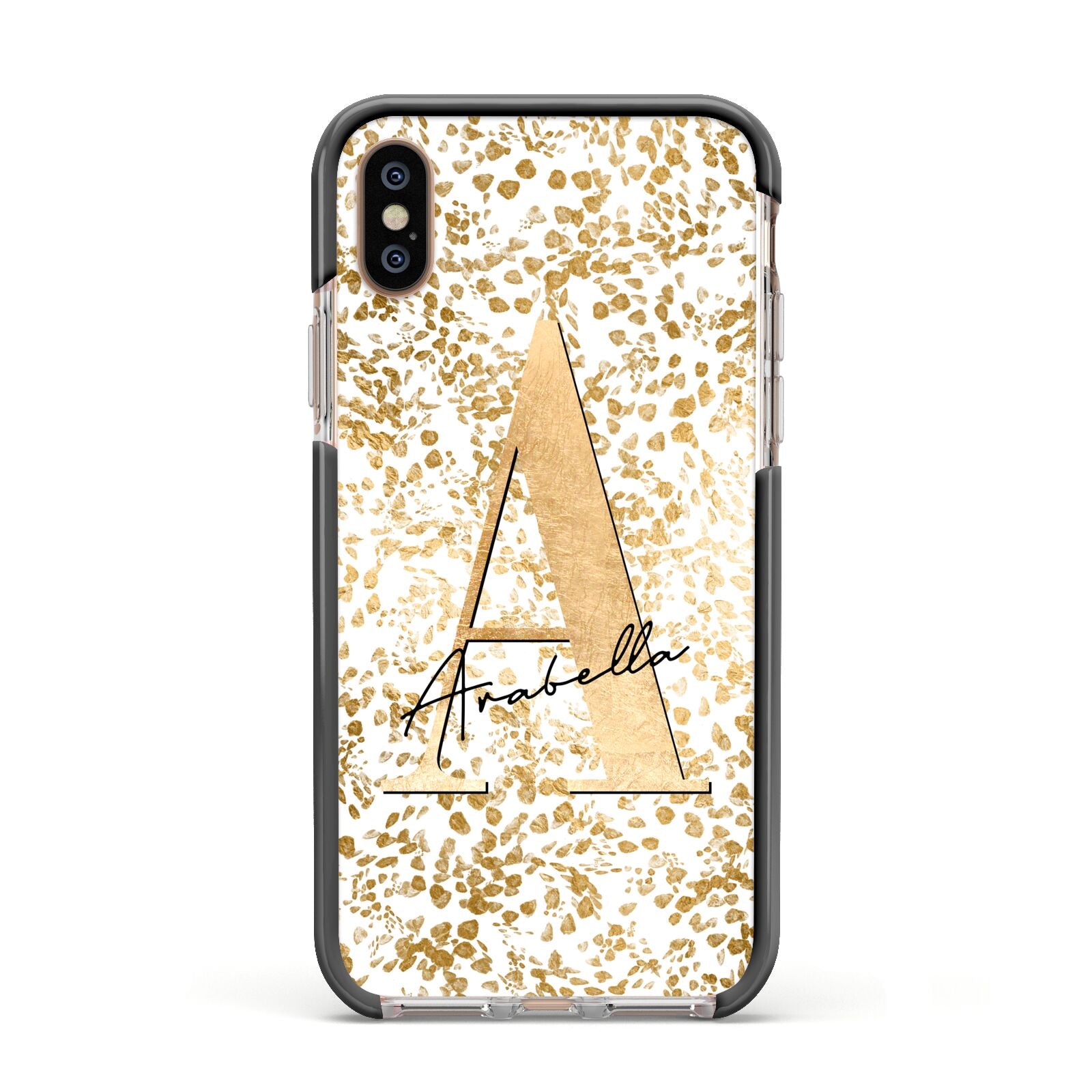 Personalised White Gold Cheetah Apple iPhone Xs Impact Case Black Edge on Gold Phone
