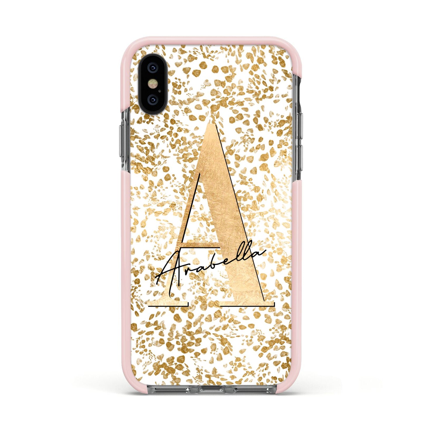 Personalised White Gold Cheetah Apple iPhone Xs Impact Case Pink Edge on Black Phone