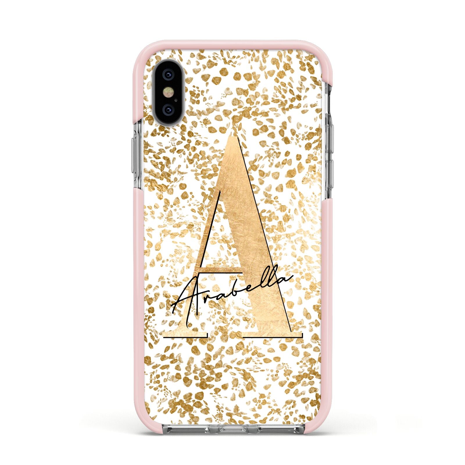 Personalised White Gold Cheetah Apple iPhone Xs Impact Case Pink Edge on Silver Phone