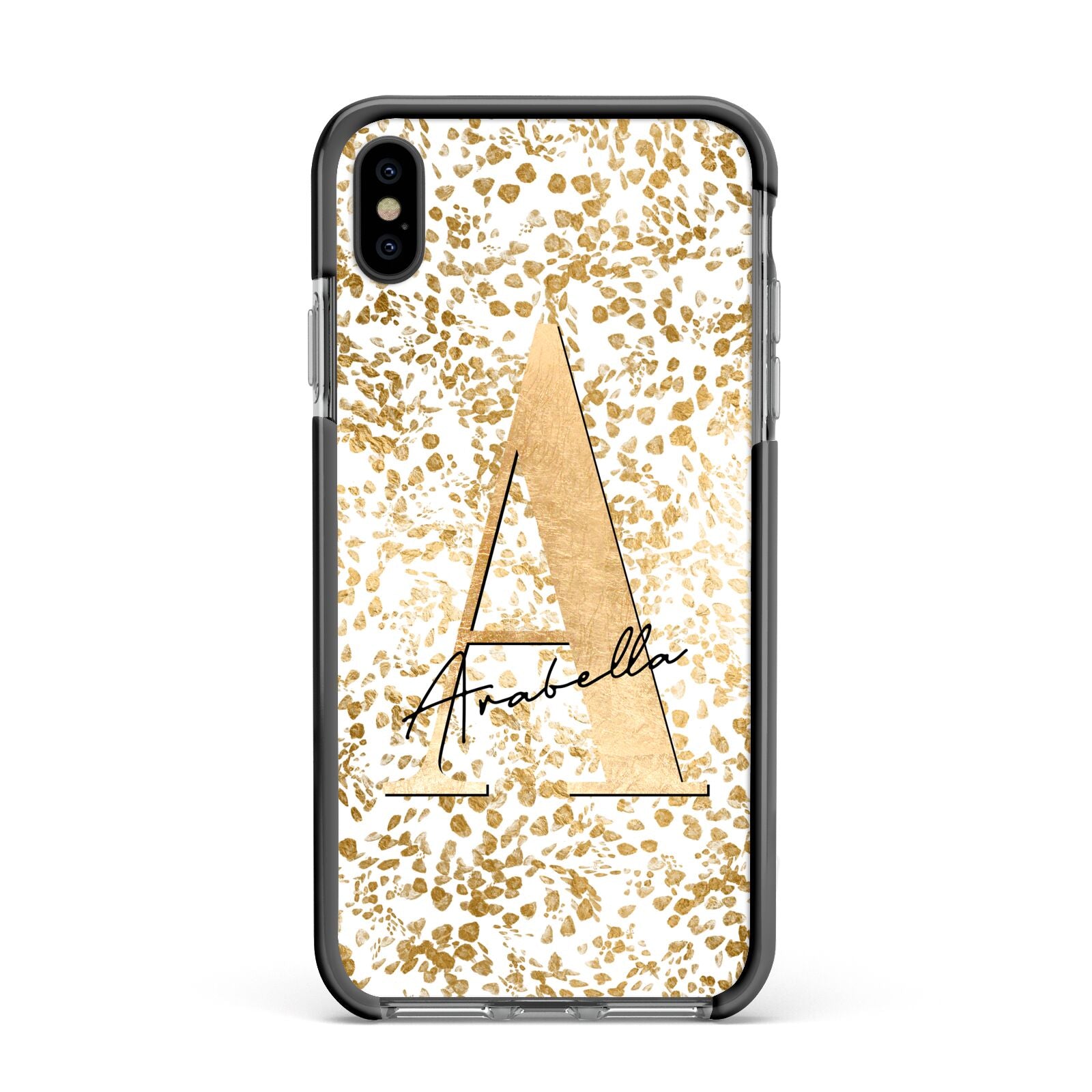 Personalised White Gold Cheetah Apple iPhone Xs Max Impact Case Black Edge on Black Phone