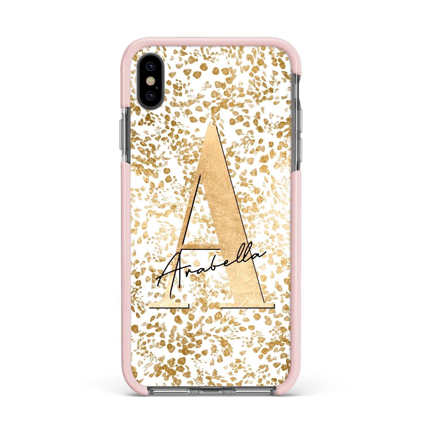 Personalised White Gold Cheetah Apple iPhone Xs Max Impact Case Pink Edge on Black Phone