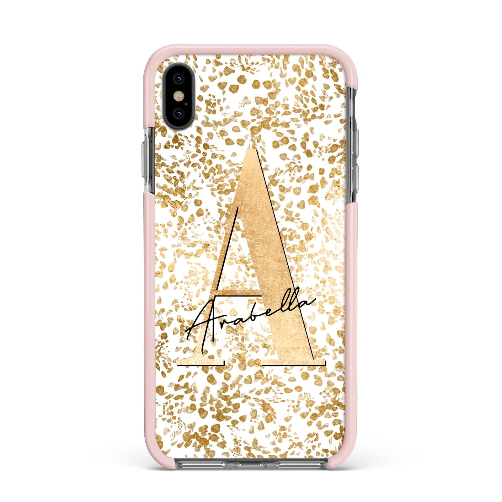 Personalised White Gold Cheetah Apple iPhone Xs Max Impact Case Pink Edge on Black Phone