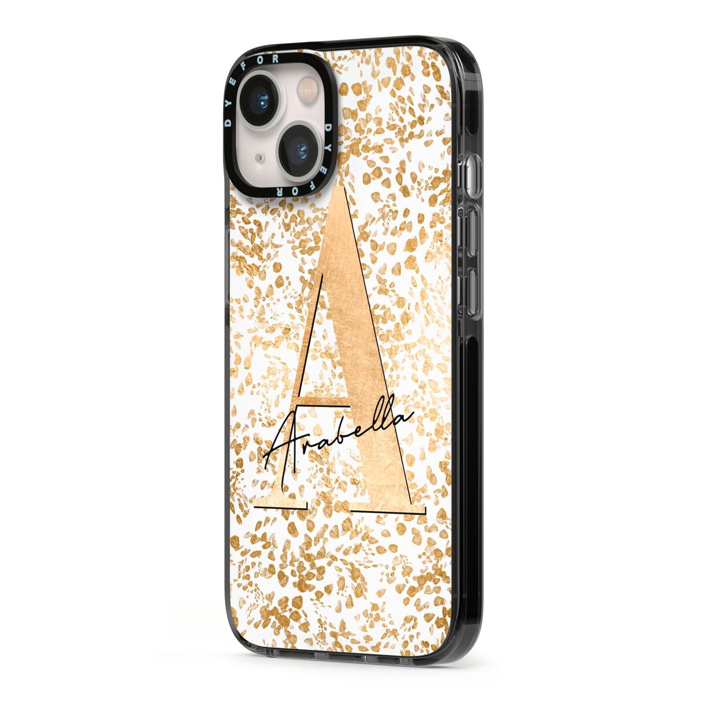 Personalised White Gold Cheetah iPhone 13 Black Impact Case Side Angle on Silver phone