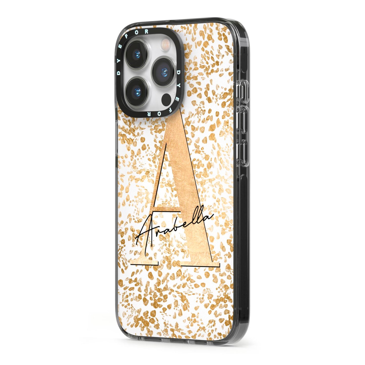 Personalised White Gold Cheetah iPhone 13 Pro Black Impact Case Side Angle on Silver phone