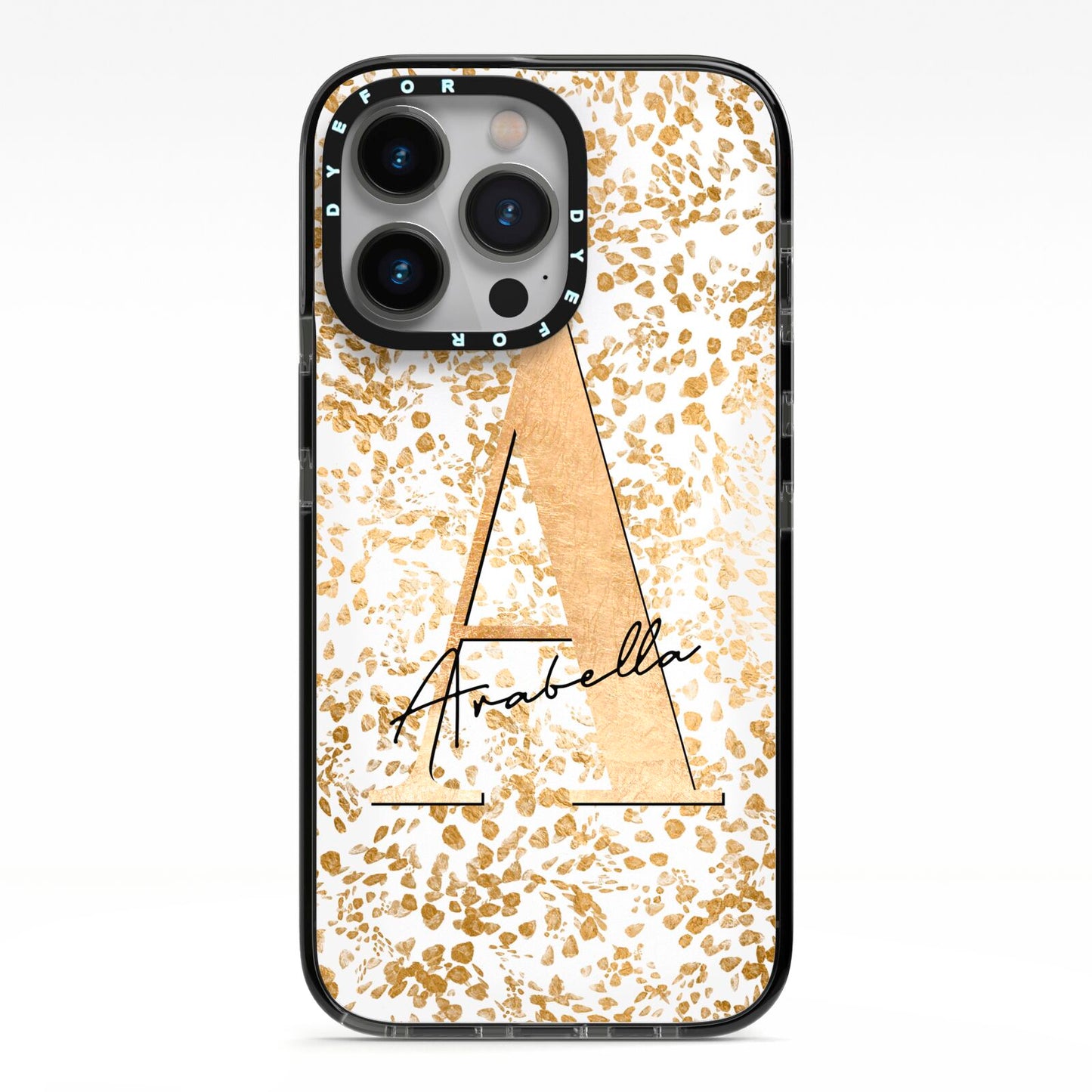 Personalised White Gold Cheetah iPhone 13 Pro Black Impact Case on Silver phone