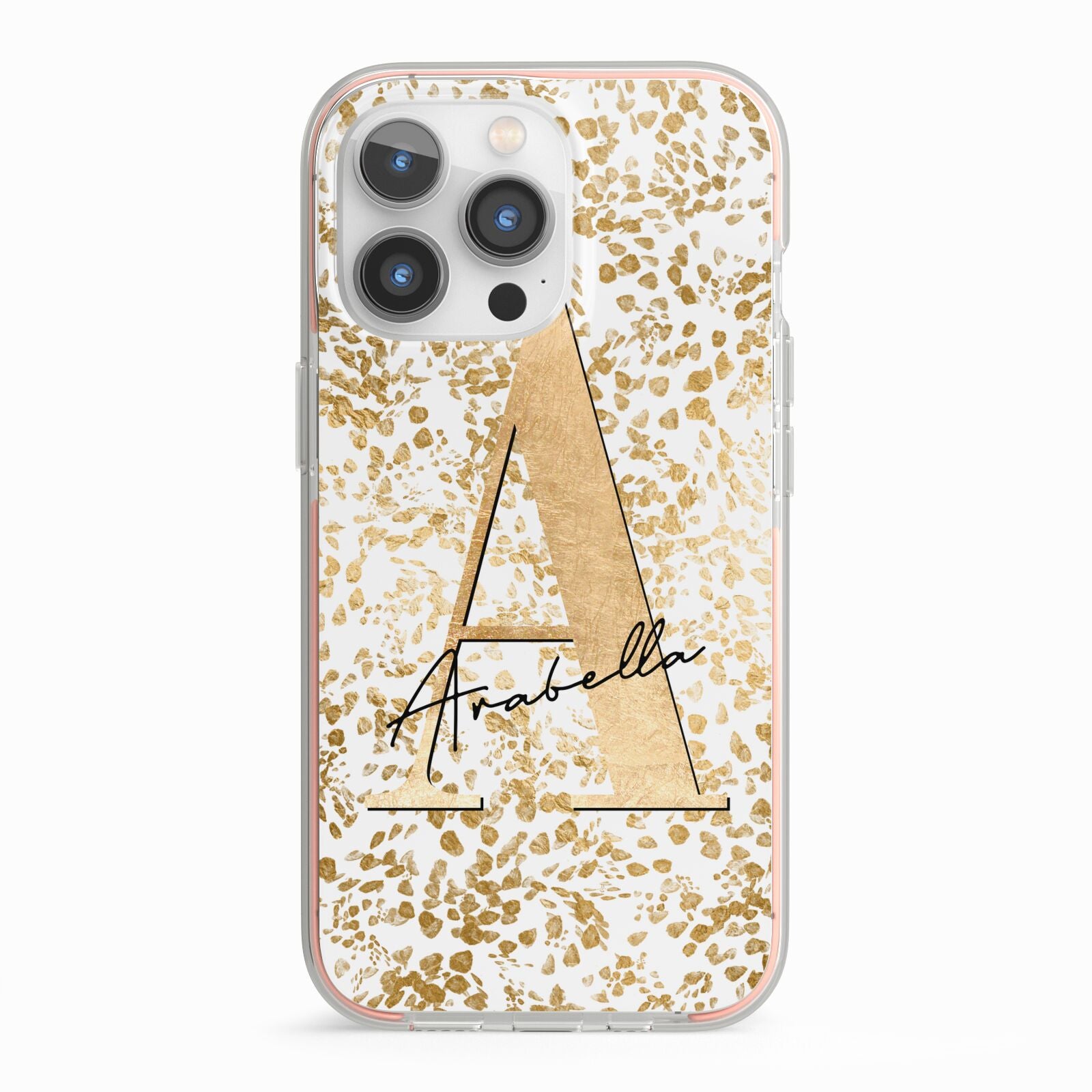 Personalised White Gold Cheetah iPhone 13 Pro TPU Impact Case with Pink Edges