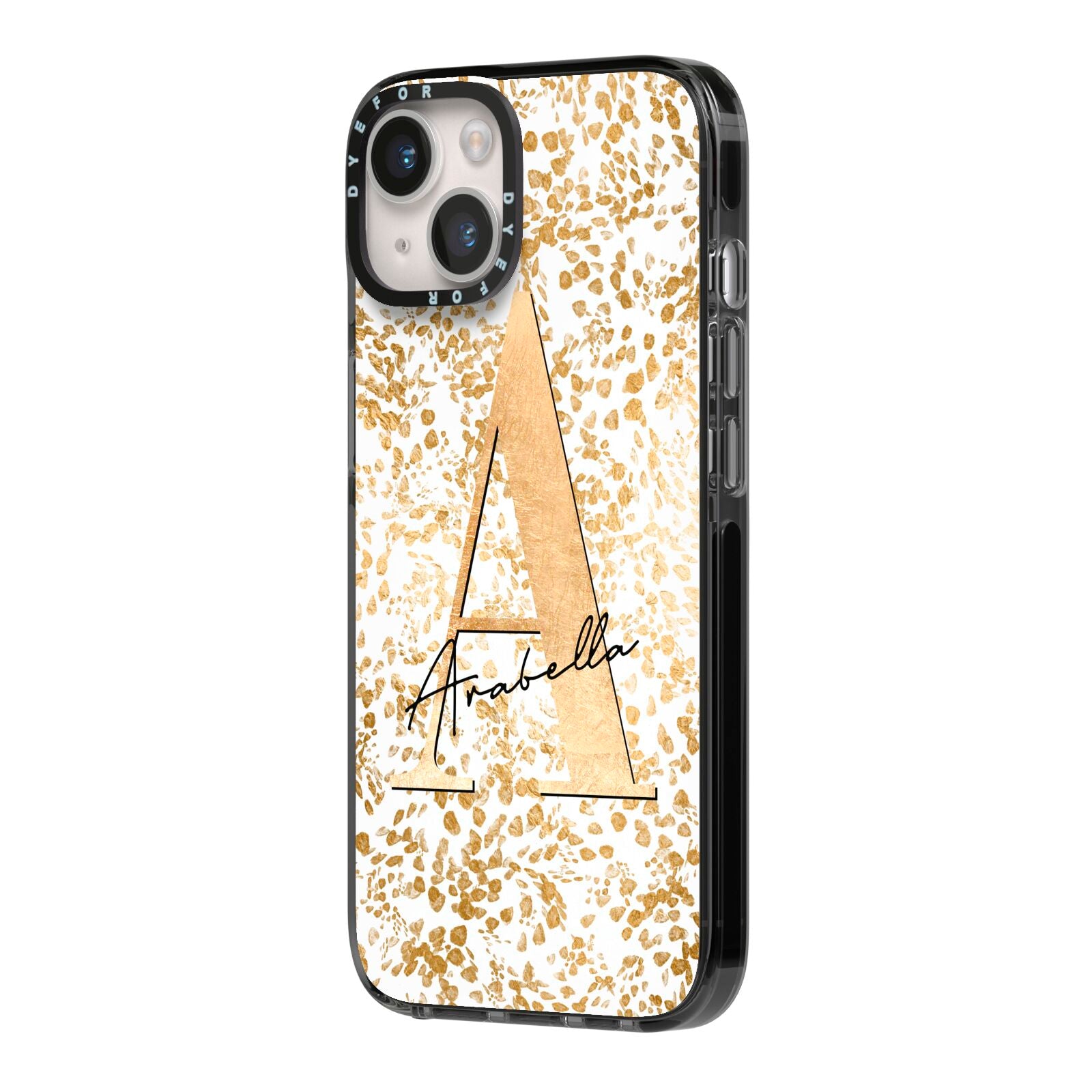 Personalised White Gold Cheetah iPhone 14 Black Impact Case Side Angle on Silver phone
