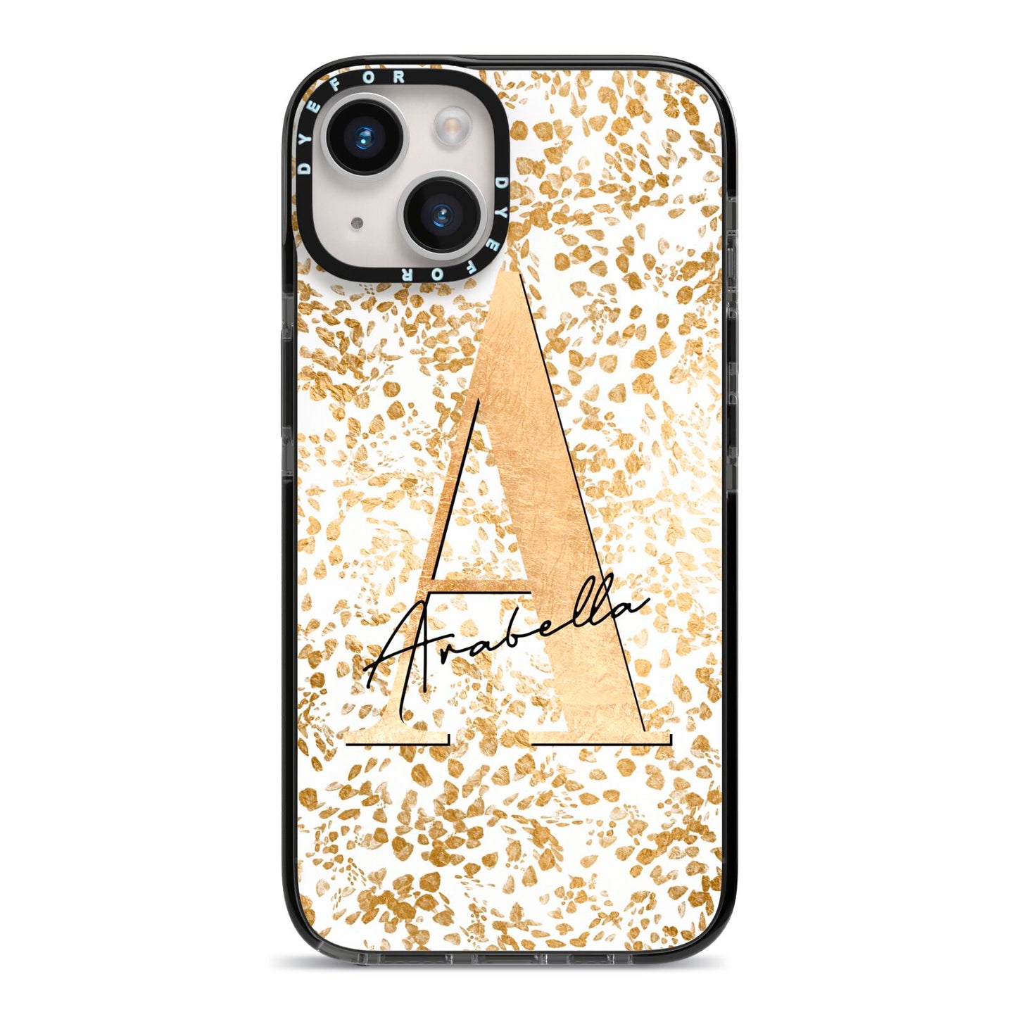 Personalised White Gold Cheetah iPhone 14 Black Impact Case on Silver phone
