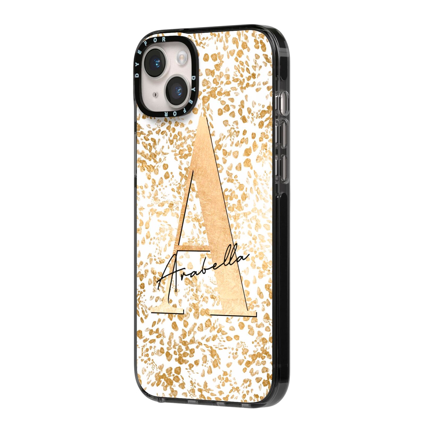 Personalised White Gold Cheetah iPhone 14 Plus Black Impact Case Side Angle on Silver phone
