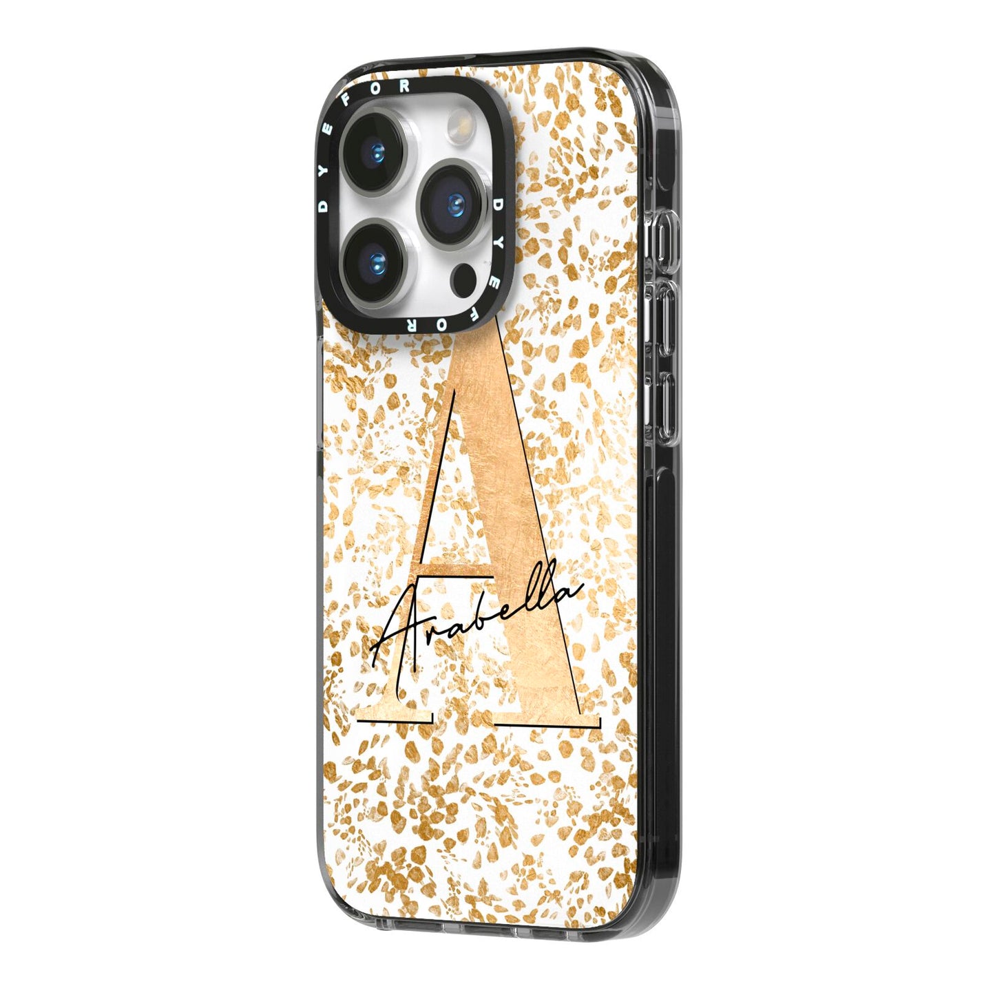 Personalised White Gold Cheetah iPhone 14 Pro Black Impact Case Side Angle on Silver phone