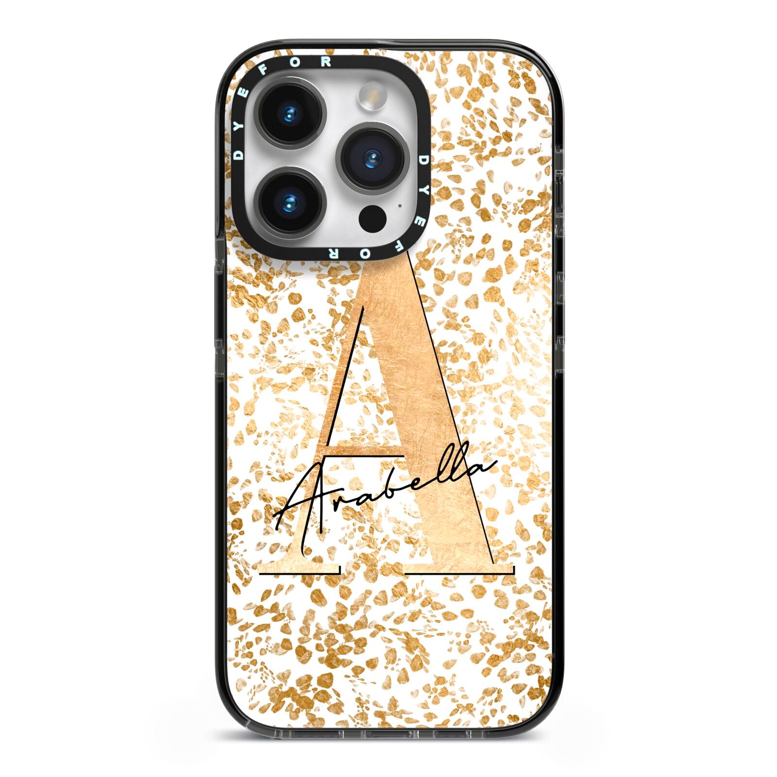 Personalised White Gold Cheetah iPhone 14 Pro Black Impact Case on Silver phone