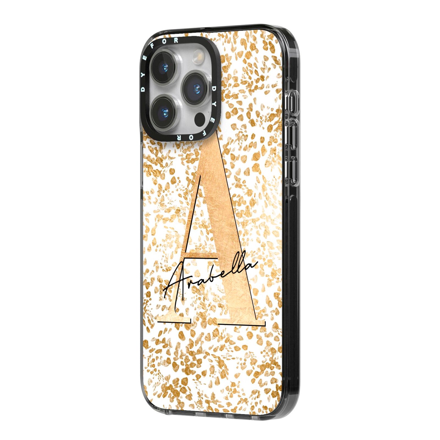 Personalised White Gold Cheetah iPhone 14 Pro Max Black Impact Case Side Angle on Silver phone