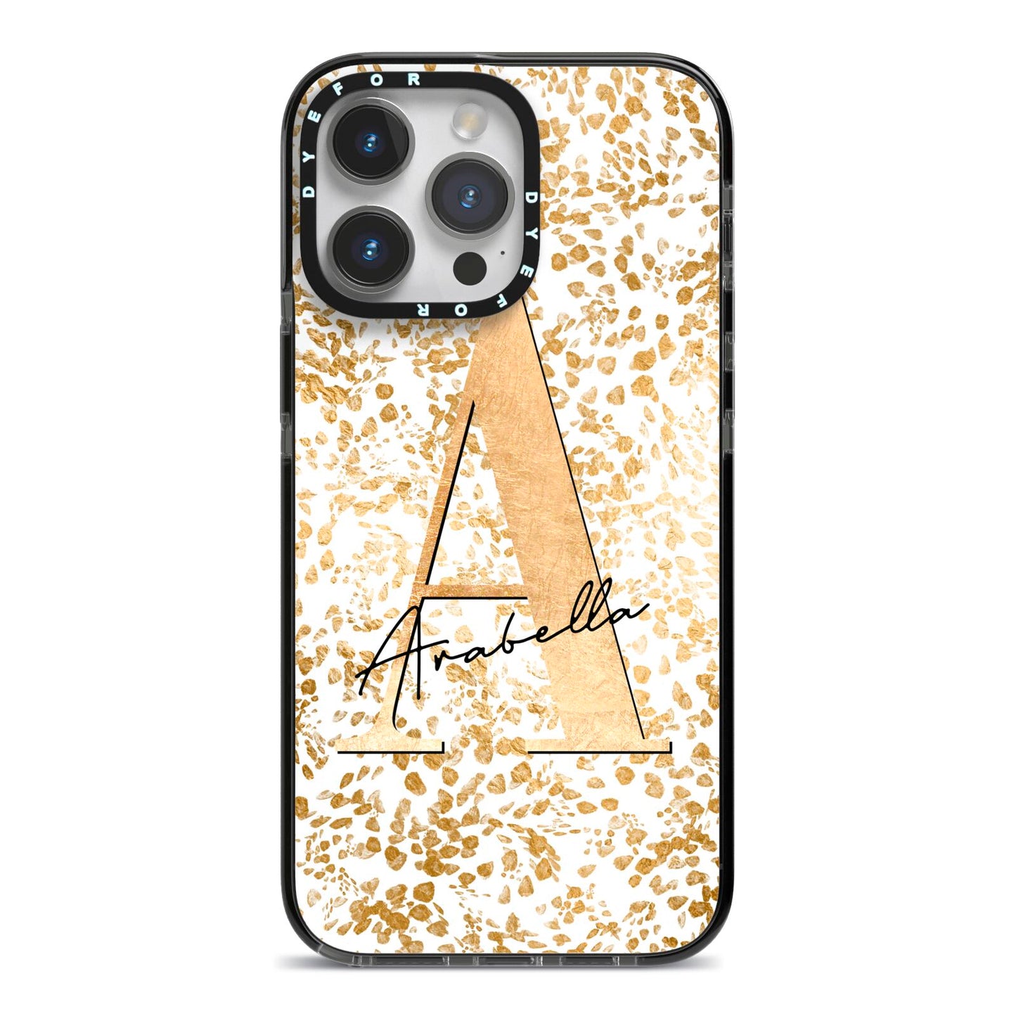 Personalised White Gold Cheetah iPhone 14 Pro Max Black Impact Case on Silver phone