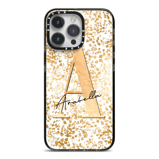 Personalised White Gold Cheetah iPhone 14 Pro Max Black Impact Case on Silver phone