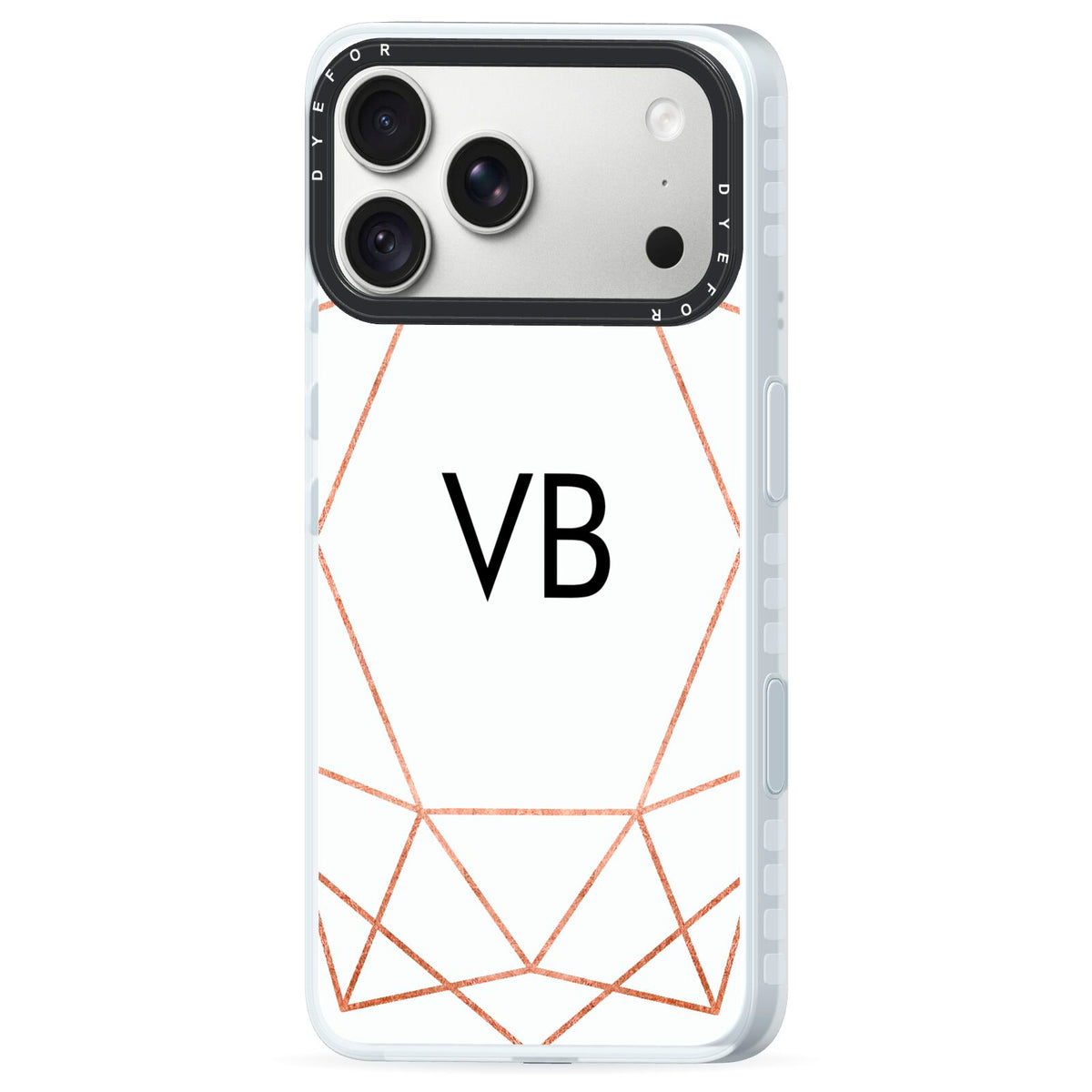Personalised White Rose Gold Initials Geometric iPhone 18 Pro Black Impact Pre order Case Side Angle on Silver phone