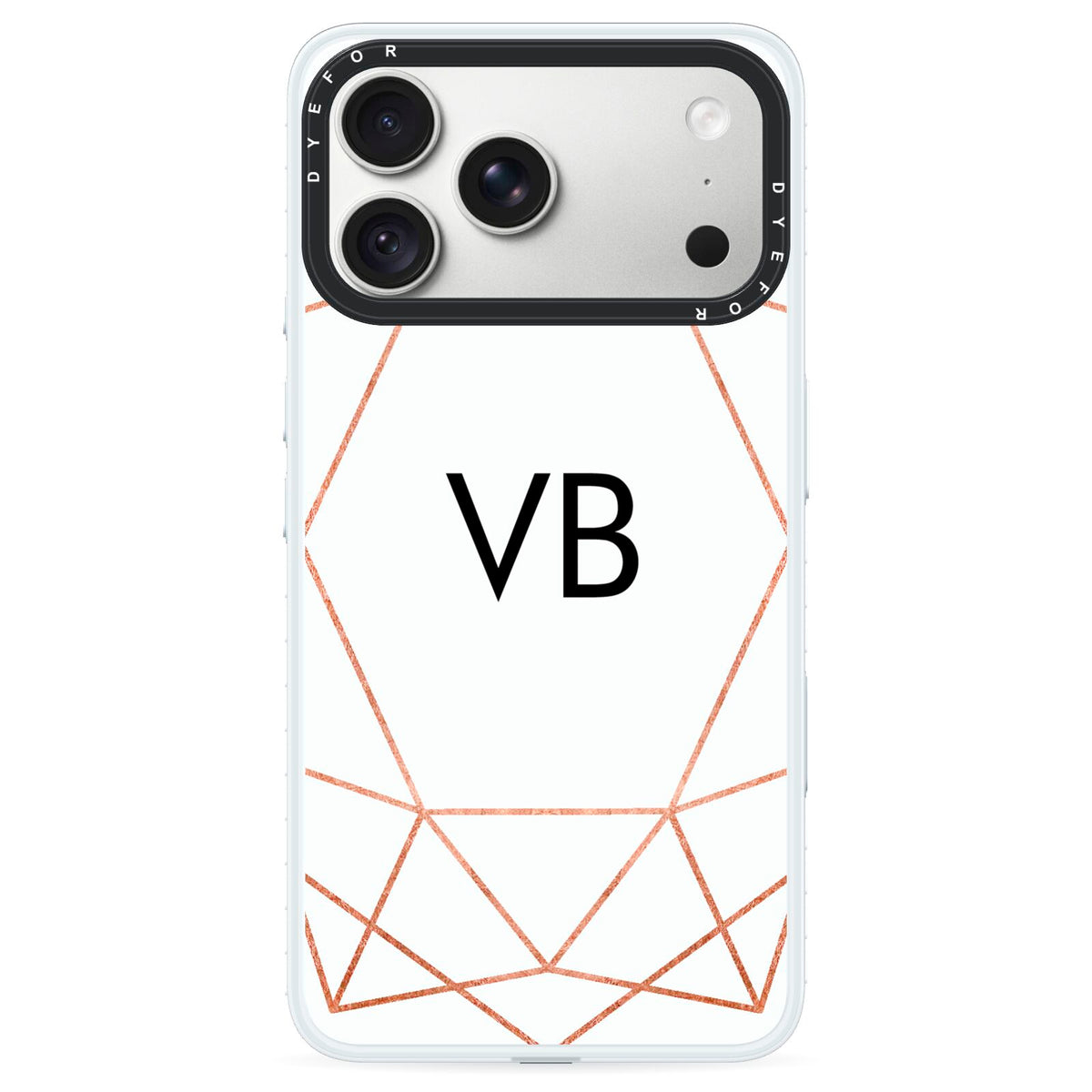 Personalised White Rose Gold Initials Geometric iPhone 18 Pro Black Impact Pre order Case on Silver phone