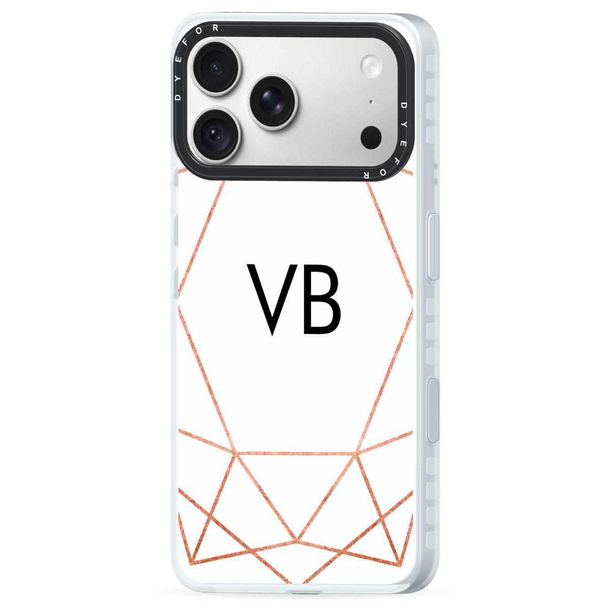 Personalised White Rose Gold Initials Geometric iPhone 18 Pro Max Black Impact Pre order Case Side Angle on Silver phone