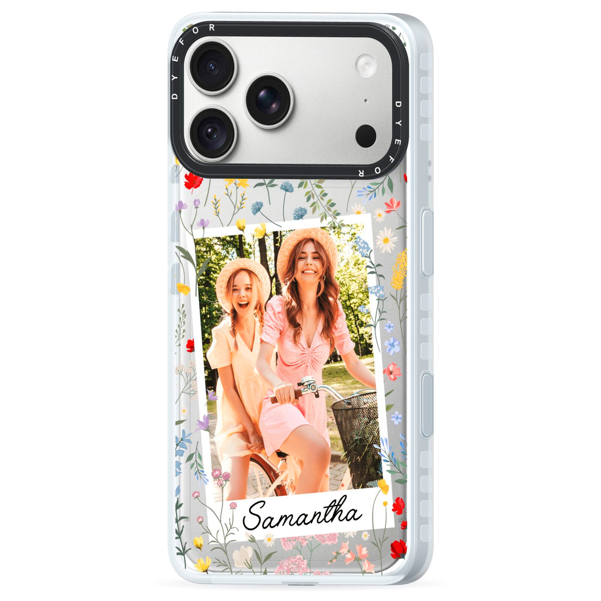Personalised Wild Flowers Photo iPhone 18 Pro Black Impact Pre order Case Side Angle on Silver phone